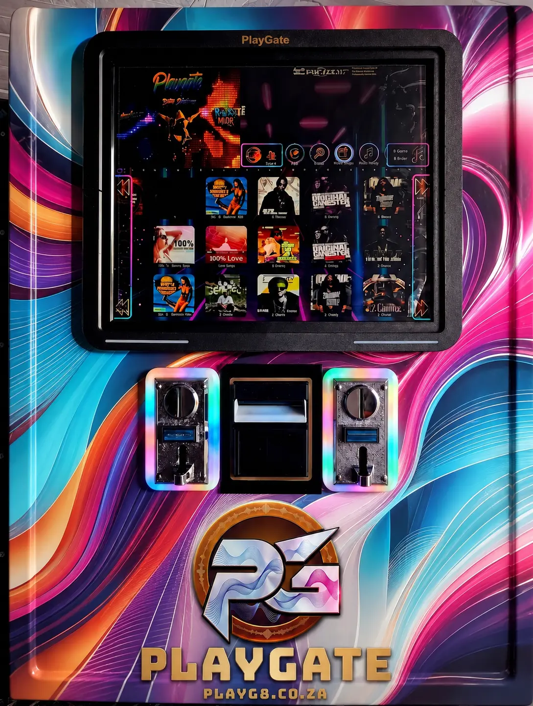 Neon Frequency PlayGate digital jukebox front view