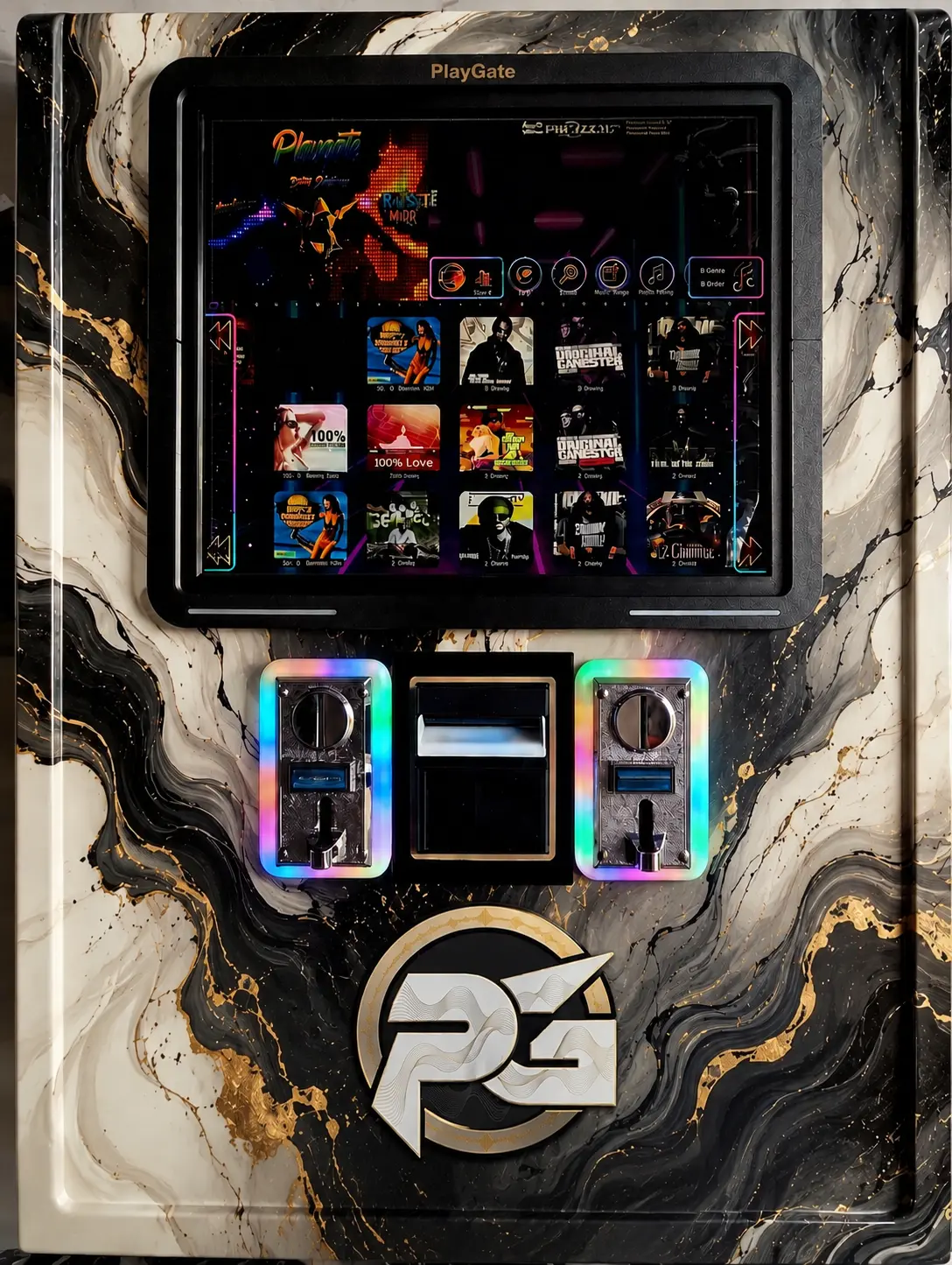 Monochrome PlayGate digital jukebox front view