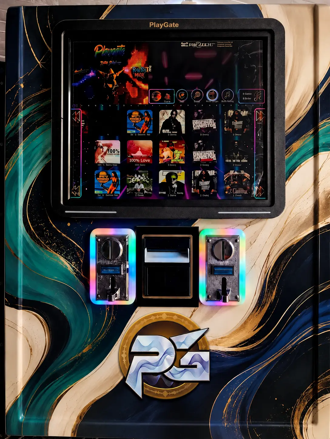 Teal Current PlayGate digital jukebox front view